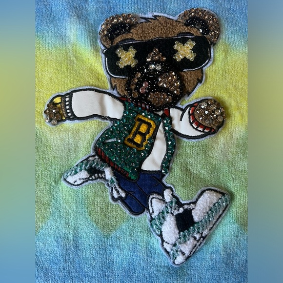 Lola + The Boys Cool Teddy Bear Crystal Sweater in Blue & Green Tie Dye. Size 6 - Picture 3 of 9